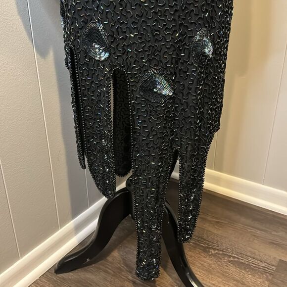Stunning vintage beaded sequin black plung draped back neckline panel hem midi - Picture 5 of 13